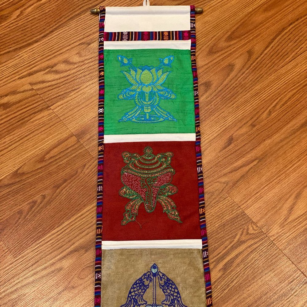 Tibetan Handicraft Embroidered Three Pocket Wall Hanging.